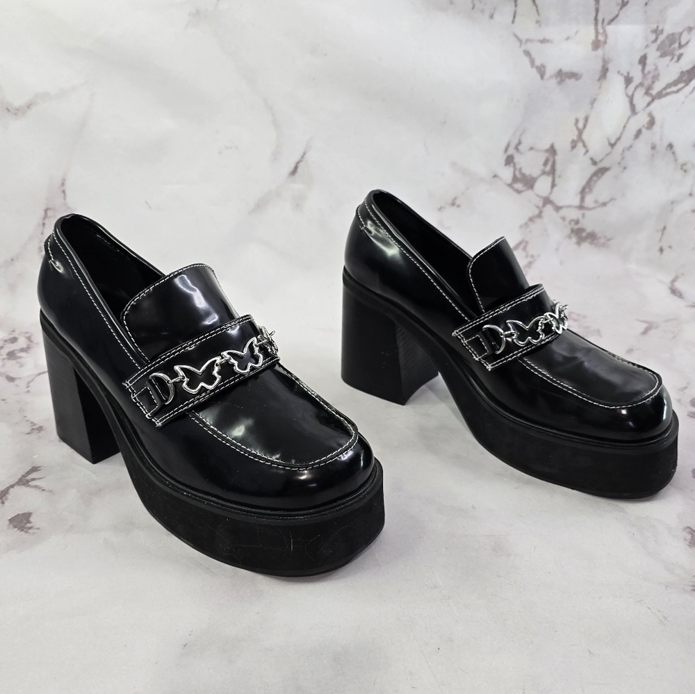 Delias Dolls Kill Loafer Women 10 Black Patent There She Platform Butterfly Shoe - Picture 4 of 11